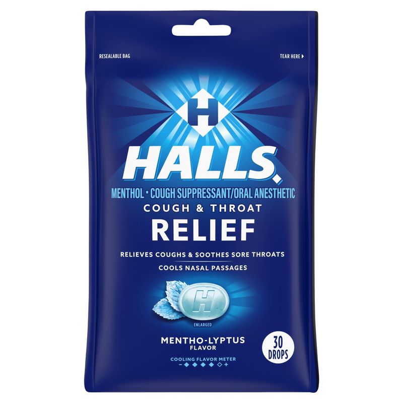 Halls Cough &amp; Throat Relief Mentho-Lyptus Flavor Menthol Drops, 30 count