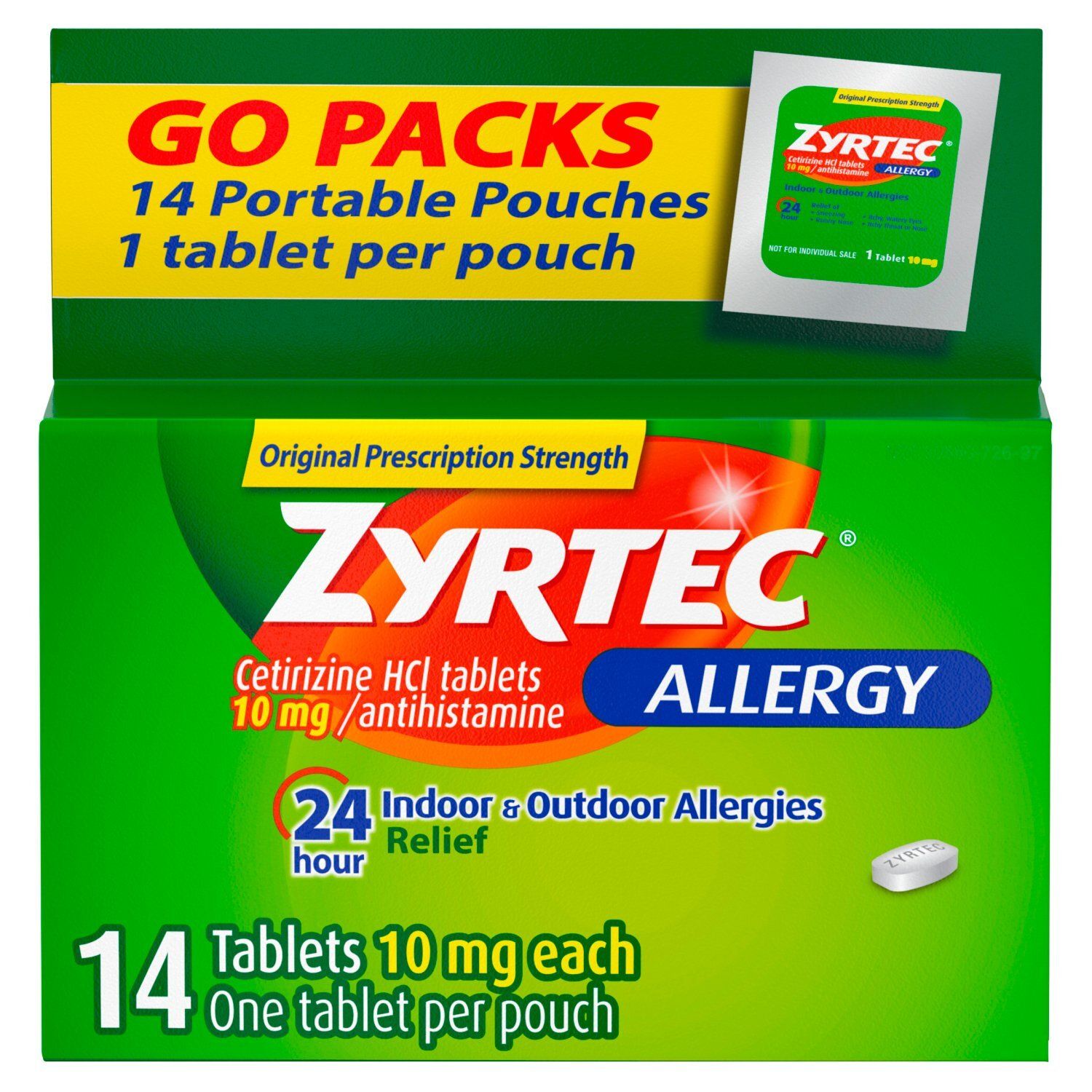 Zyrtec Original Prescription Strength Allergy Tablets Go Packs, 10 mg, 14 count