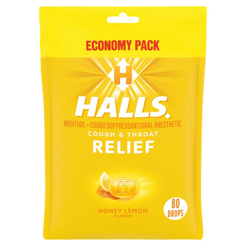 Halls Honey Lemon Flavor Menthol Cough &amp; Throat Relief Drops Economy Pack, 80 count