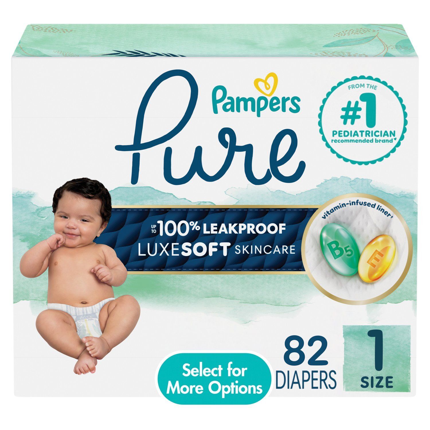 Pampers Pure Luxesoft Skincare Diapers, Size 1, 8-14 lb, 82 count