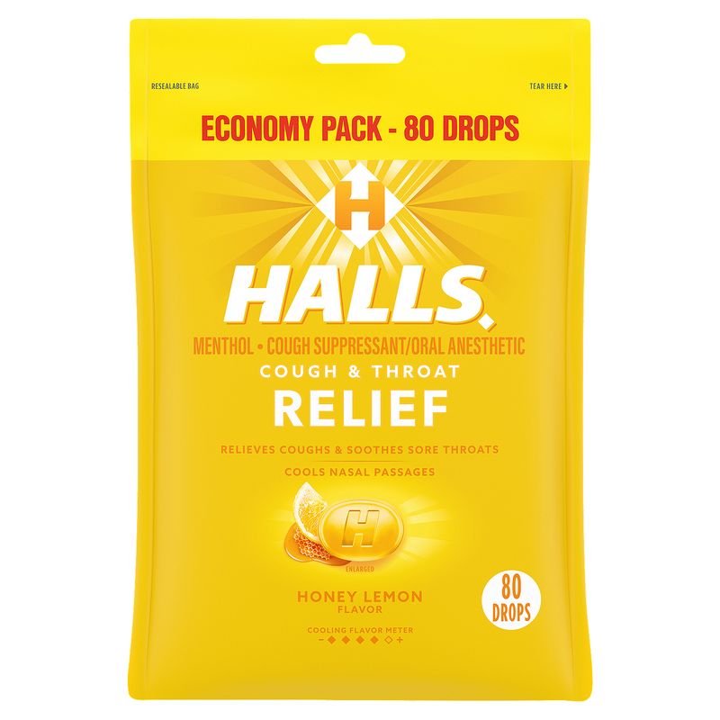 Halls Honey Lemon Flavor Menthol Cough &amp; Throat Relief Drops Economy Pack, 80 count