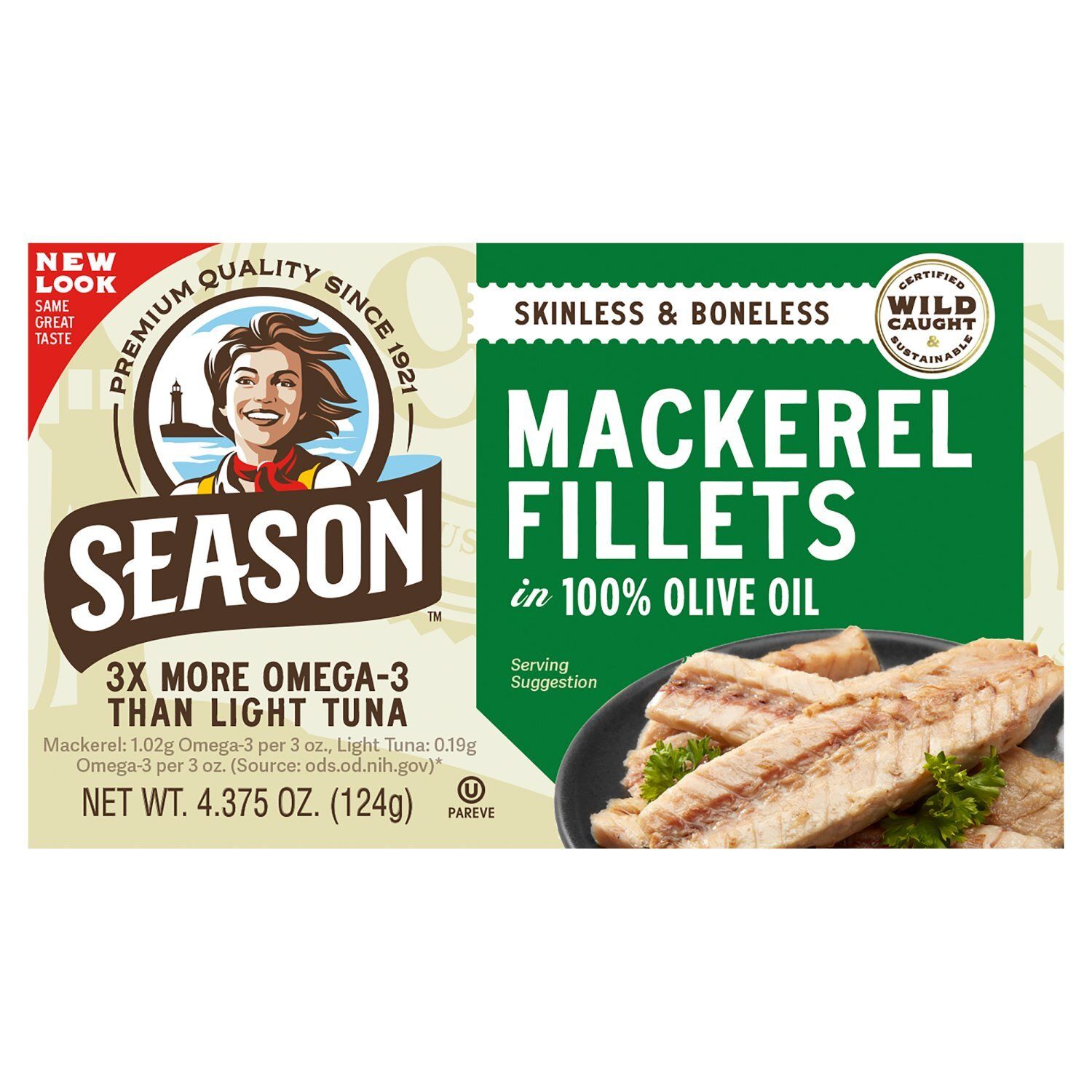 Season Skinless &amp; Boneless Mackerel Fillets in 100% Olive Oil, 4.375 oz
