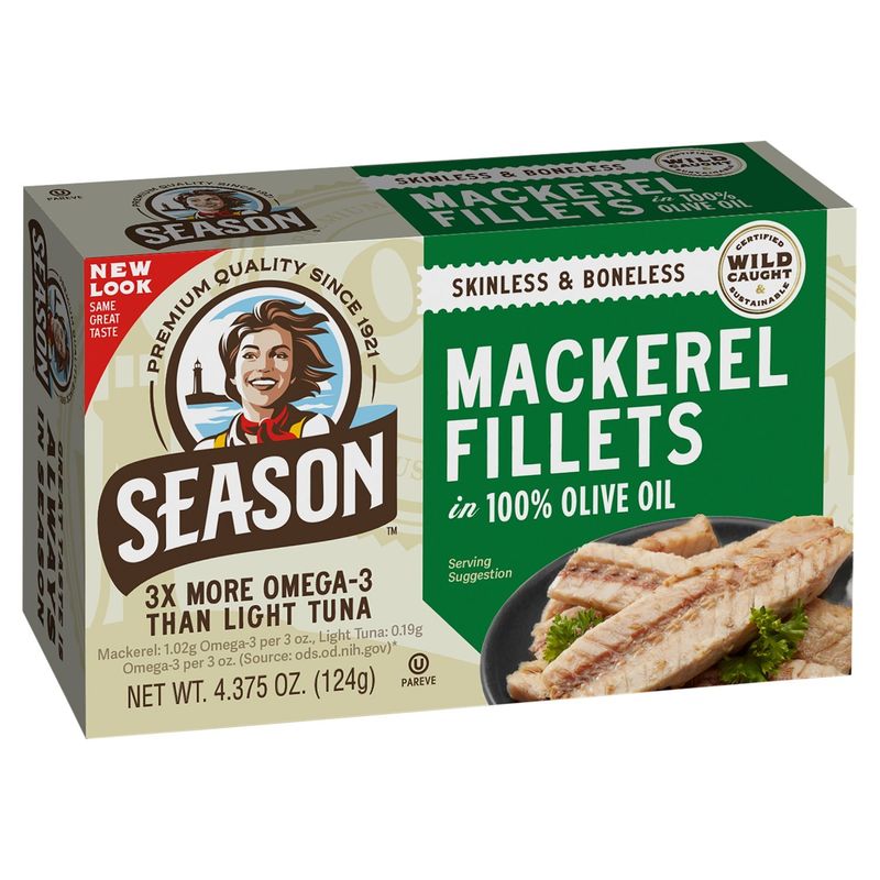 Season Skinless &amp; Boneless Mackerel Fillets in 100% Olive Oil, 4.375 oz