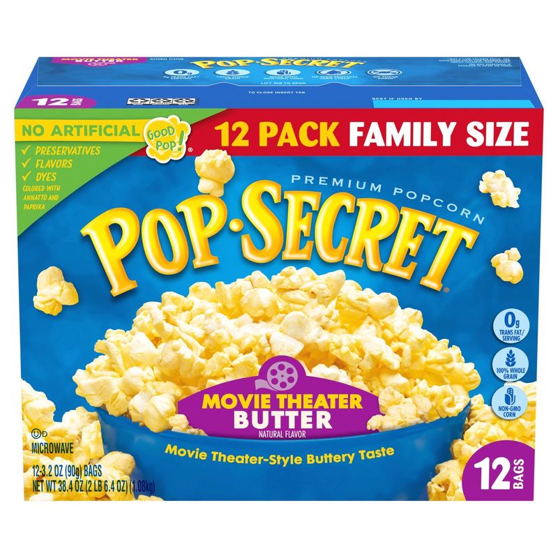 Pop Secret Movie Theater Butter Microwave Premium Popcorn Family Size, 3.2 oz, 12 count