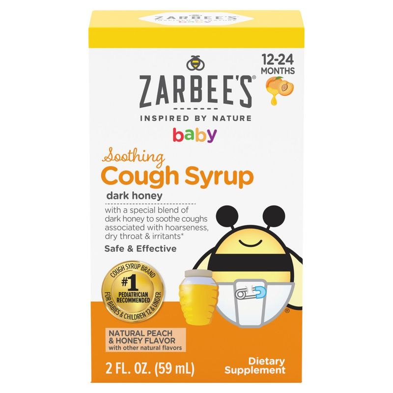 Zarbee's Baby Soothing Cough Syrup Natural Peach &amp; Honey Dietary Supplement, 12-24 Months, 2 fl oz