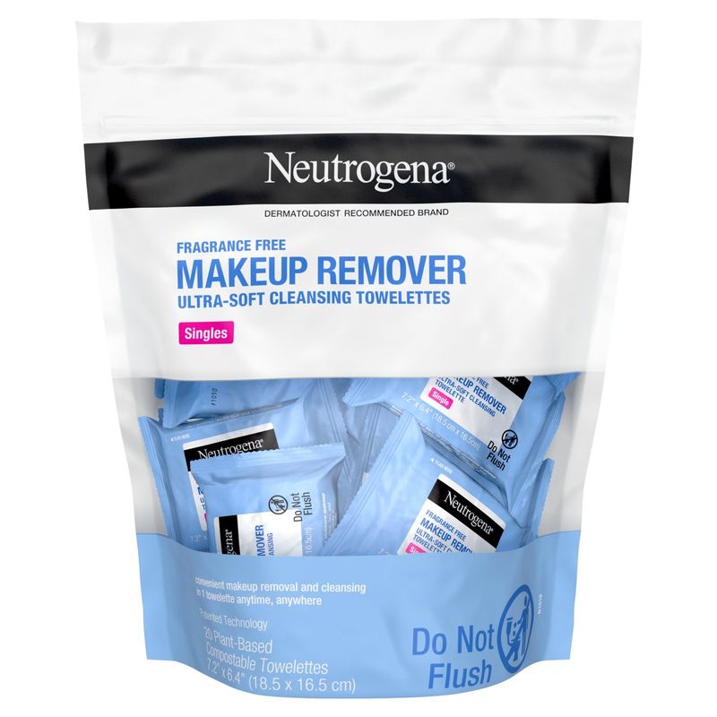Neutrogena Singles Fragrance Free Makeup Remover Ultra-Soft Cleansing Towelettes, 20 count
