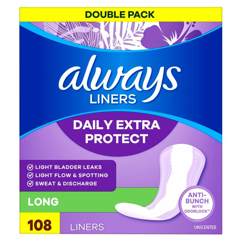 Always Daily Extra Protect Liners, Long Length Length, Unscented Panty Liners, 108 Count