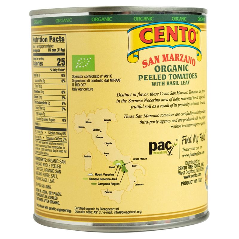 Cento San Marzano Organic Certified Whole Peeled Tomatoes with Basil Leaf, 28 oz