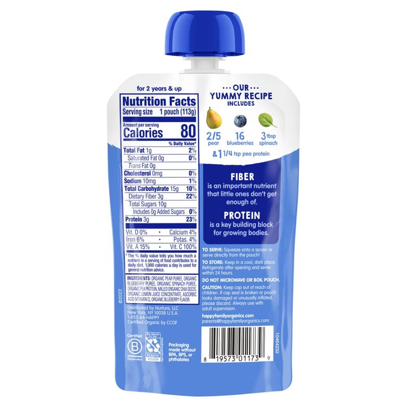 Happy Tot Organics Fiber &amp; Protein Stage 4 Organic Pears, Blueberries &amp; Spinach Pouch 4 oz.