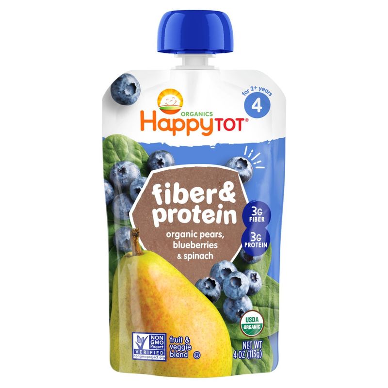 Happy Tot Organics Fiber &amp; Protein Stage 4 Organic Pears, Blueberries &amp; Spinach Pouch 4 oz.