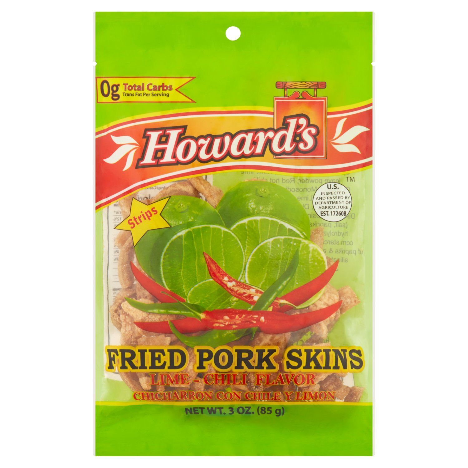 Howard's Lime - Chili Flavor Fried Pork Skins Strips, 3 oz
