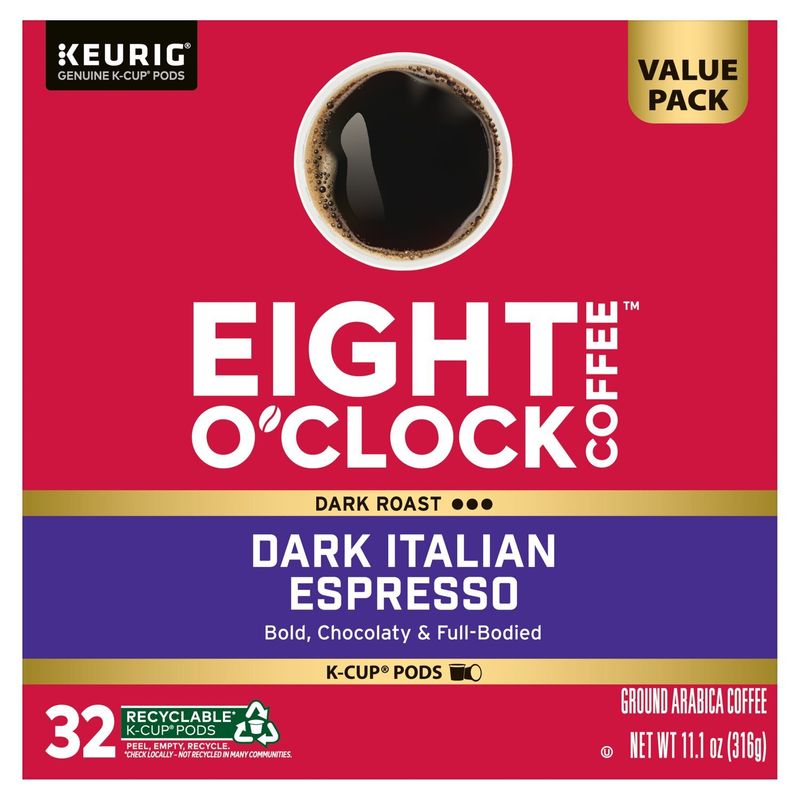 Eight O'Clock Coffee Dark Roast Italian Espresso Ground Arabica Coffee K-Cup Pods, 32 count, 11.1 oz