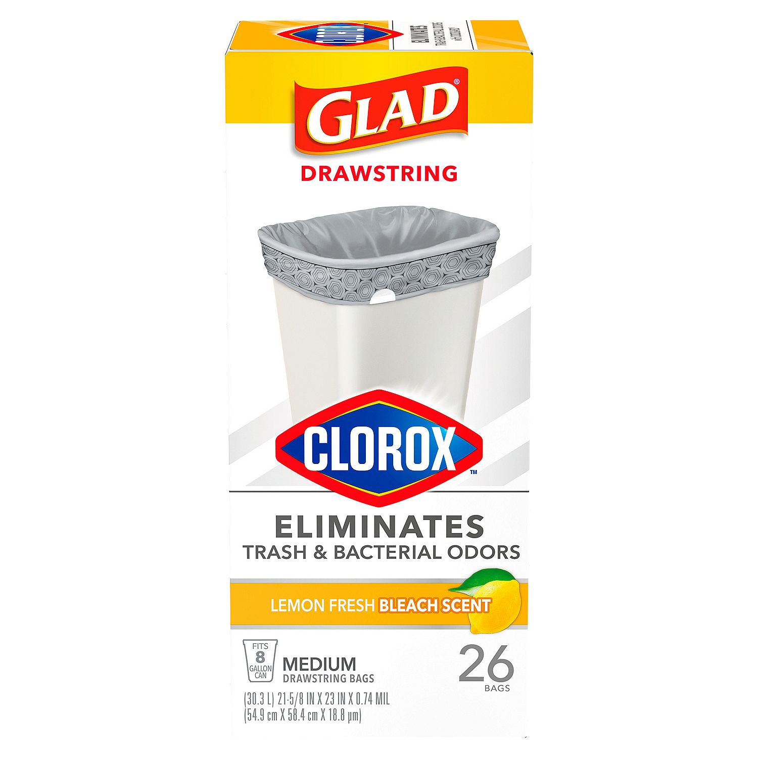 Glad Clorox Lemon Fresh Bleach Scent Medium Drawstring Bags, 26 count