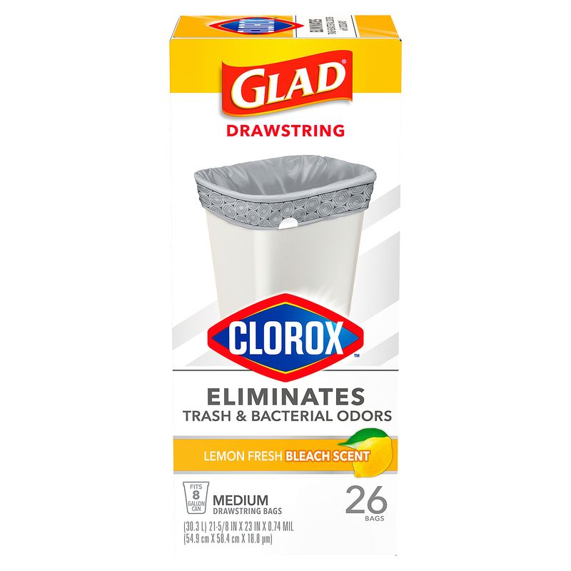 Glad Clorox Lemon Fresh Bleach Scent Medium Drawstring Bags, 26 count