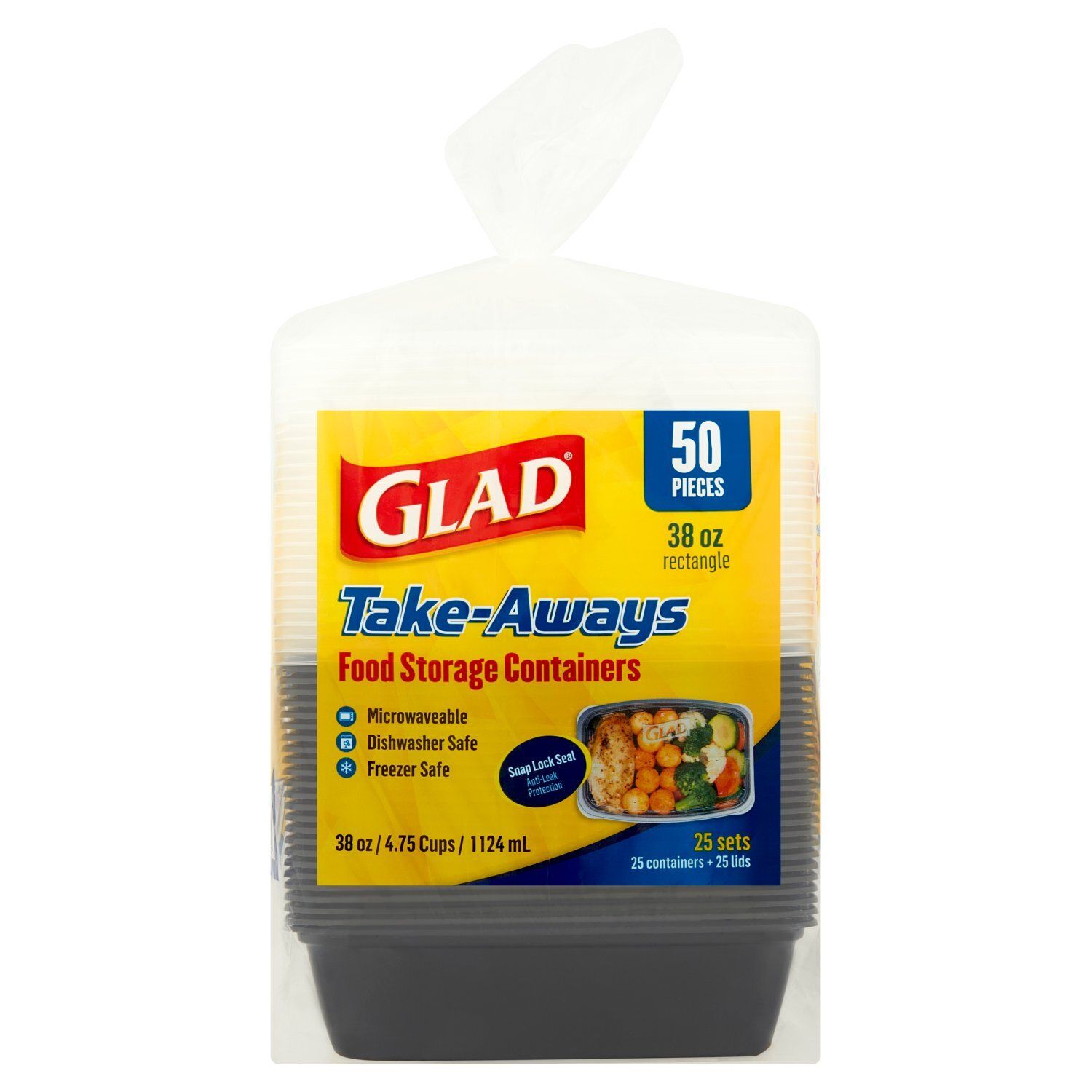 Glad 38 Oz Rectangles Take-Aways Meal Prep Containers, 50 count