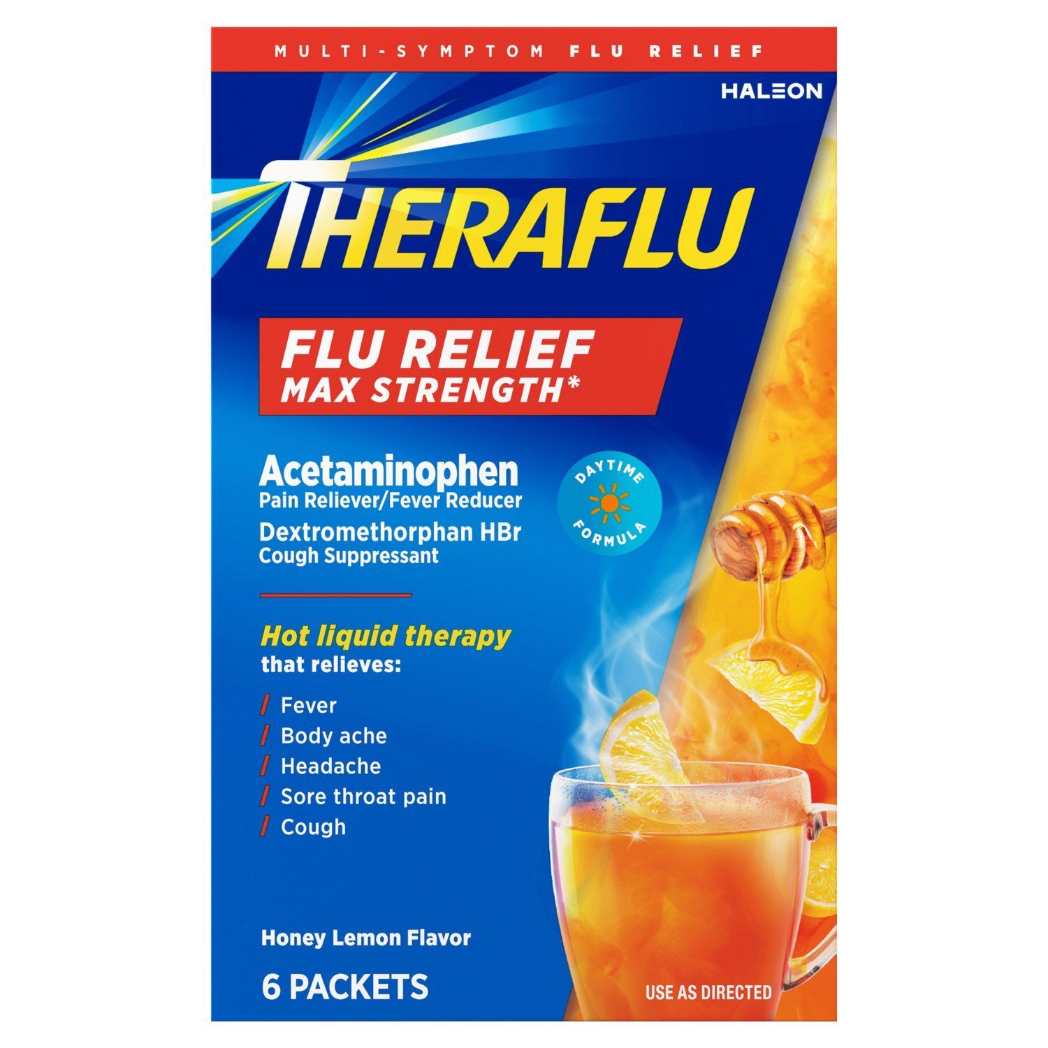 Theraflu Honey Lemon Flavor Max strength Multi-Symptom Flu Relief Packets, 6 count