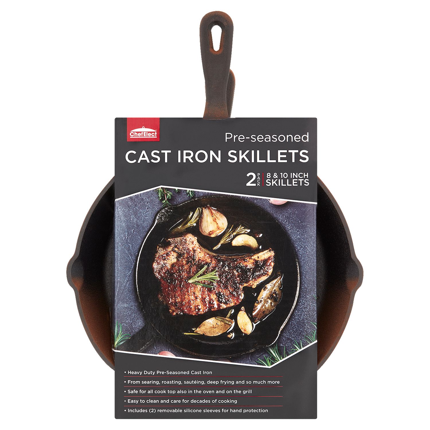 ChefElect Pre-Seasoned 8 &amp; 10 inch Cast Iron Skillets, 2 count
