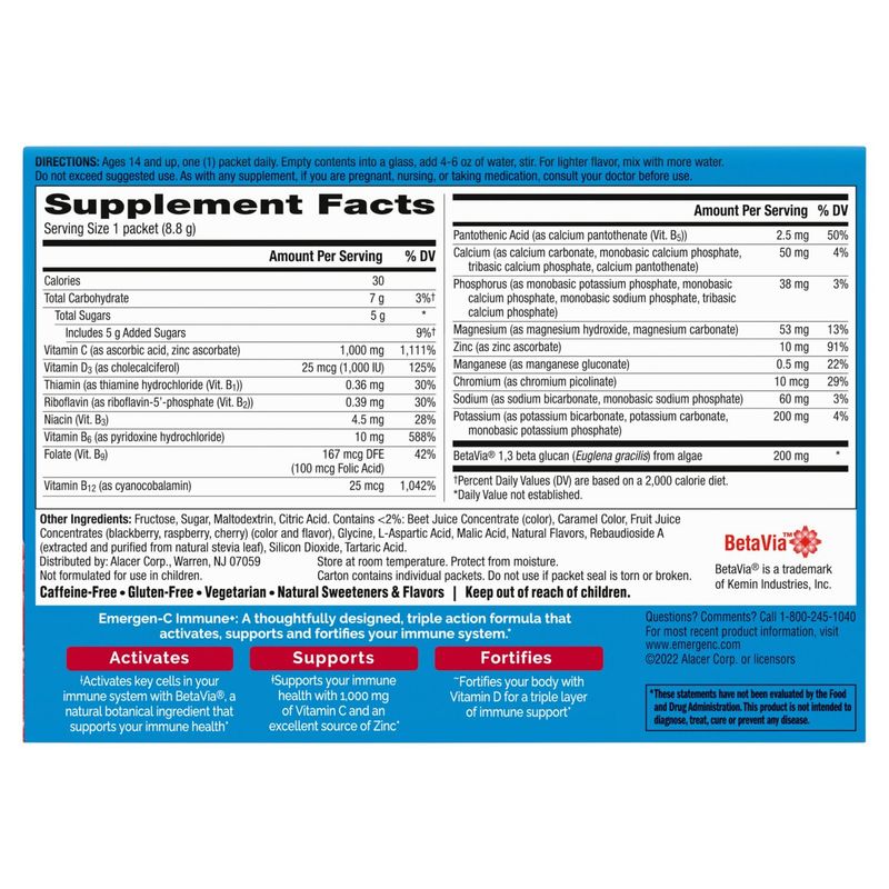 Emergen-C Immune+ Raspberry Dietary Supplement. 0.31 oz, 30 count