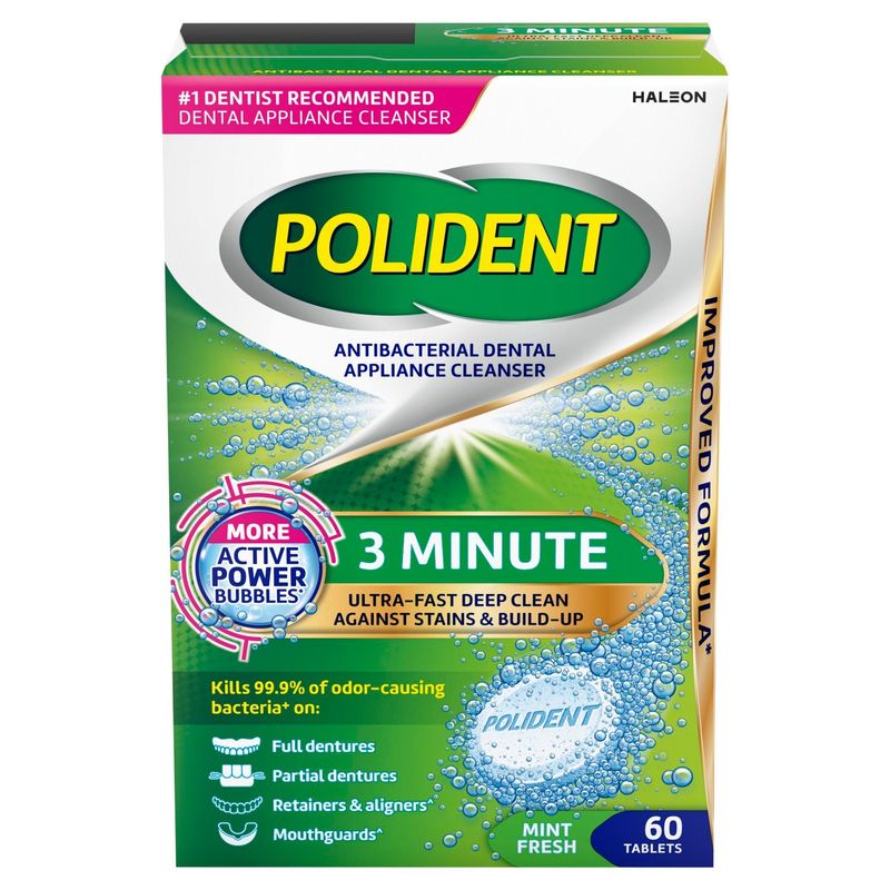 Polident Antibacterial Dental Appliance Cleanser 3 Minute Mint Fresh Tablets, 60 count