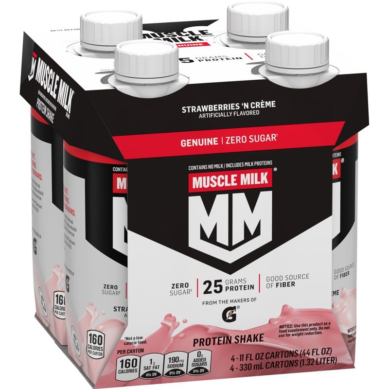 Muscle Milk Genuine Zero Sugar Protein Shake Strawberries 'N Crème 11 Fl Oz 4 Count
