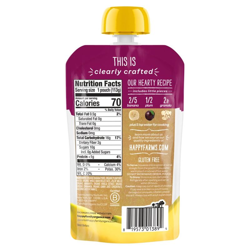 Happy Baby Organics Bananas, Plums &amp; Granola Organic Baby Food, Stage 2, 6+ months, 4 oz