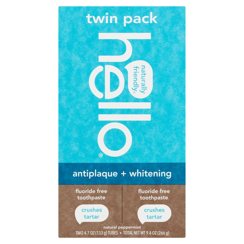 Hello Natural Peppermint Antiplaque + Whitening Fluoride Free Toothpaste Twin Pack, 4.7 oz, 2 count