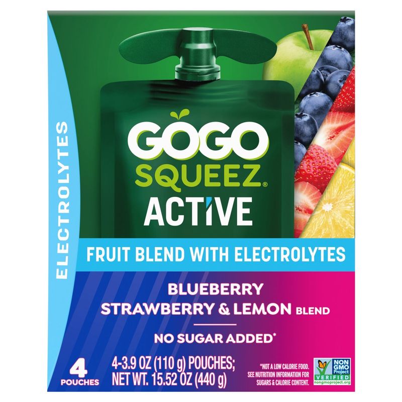Gogo Squeez Active Blueberry, Strawberry &amp; Lemon Fruit Blend with Electrolytes, 3.9 oz, 4 count