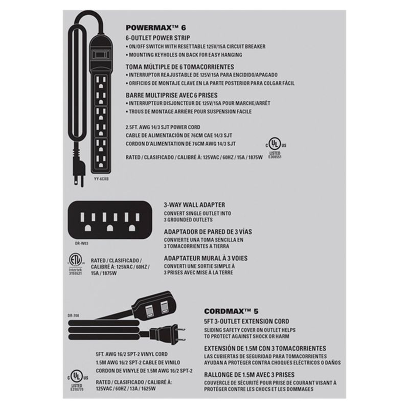 Stanley Power Strip, Wall Adapter and Extension Cord All-in-One Value Pack, 3 count