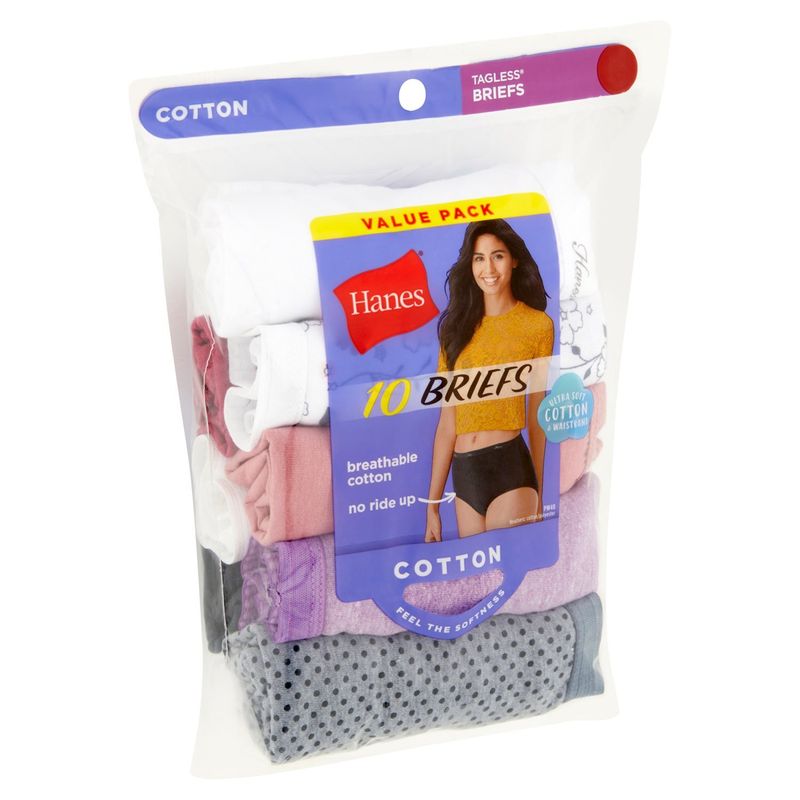 Hanes Ladies Cotton Tagless Briefs Value Pack, Assorted, Size 10, 10 count