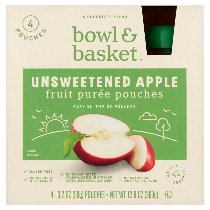 Bowl &amp; Basket Unsweetened Apple Fruit Purée Pouches, 3.2 oz, 4 count