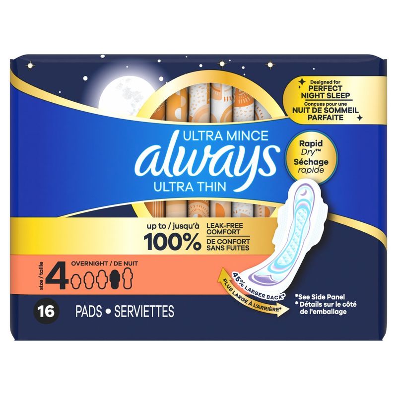 Always Ultra Thin Feminine Pads with Wings for Women, Size 4, Overnight Absorbency, Unscented, 16 C