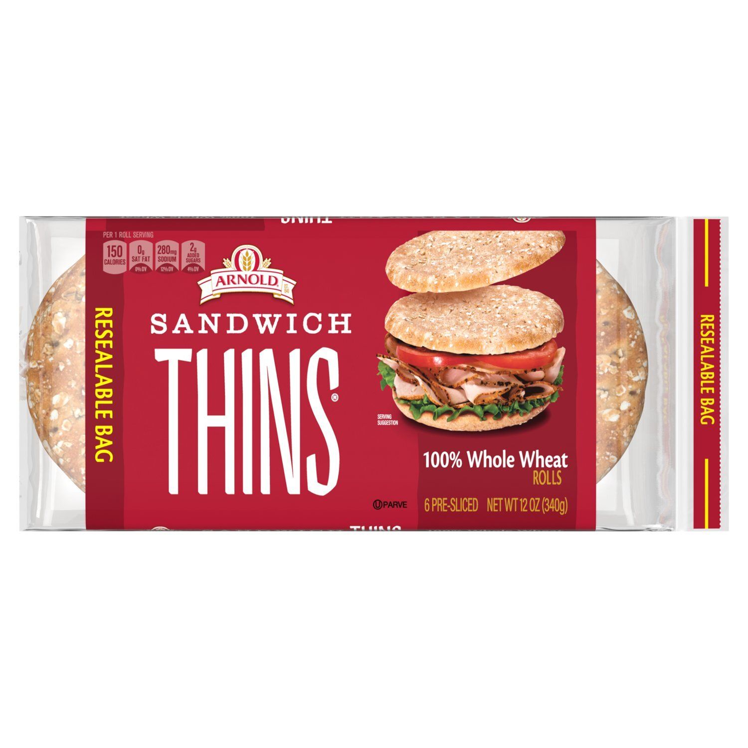 Arnold Sandwich Thins 100% Whole Wheat Rolls, 6 count, 12 oz