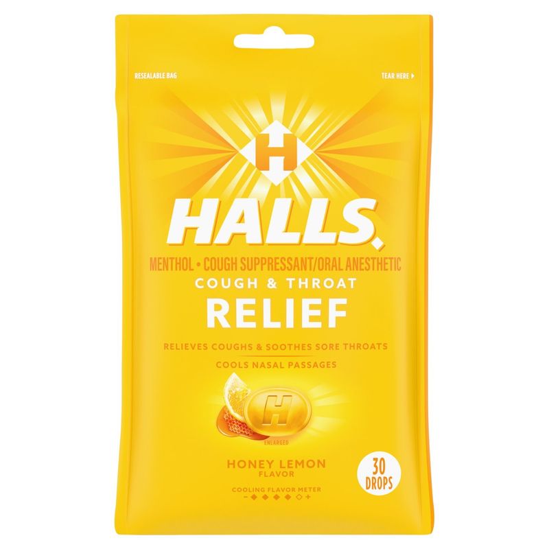 Halls Cough &amp; Throat Relief Honey Lemon Flavor Menthol Drops, 30 count