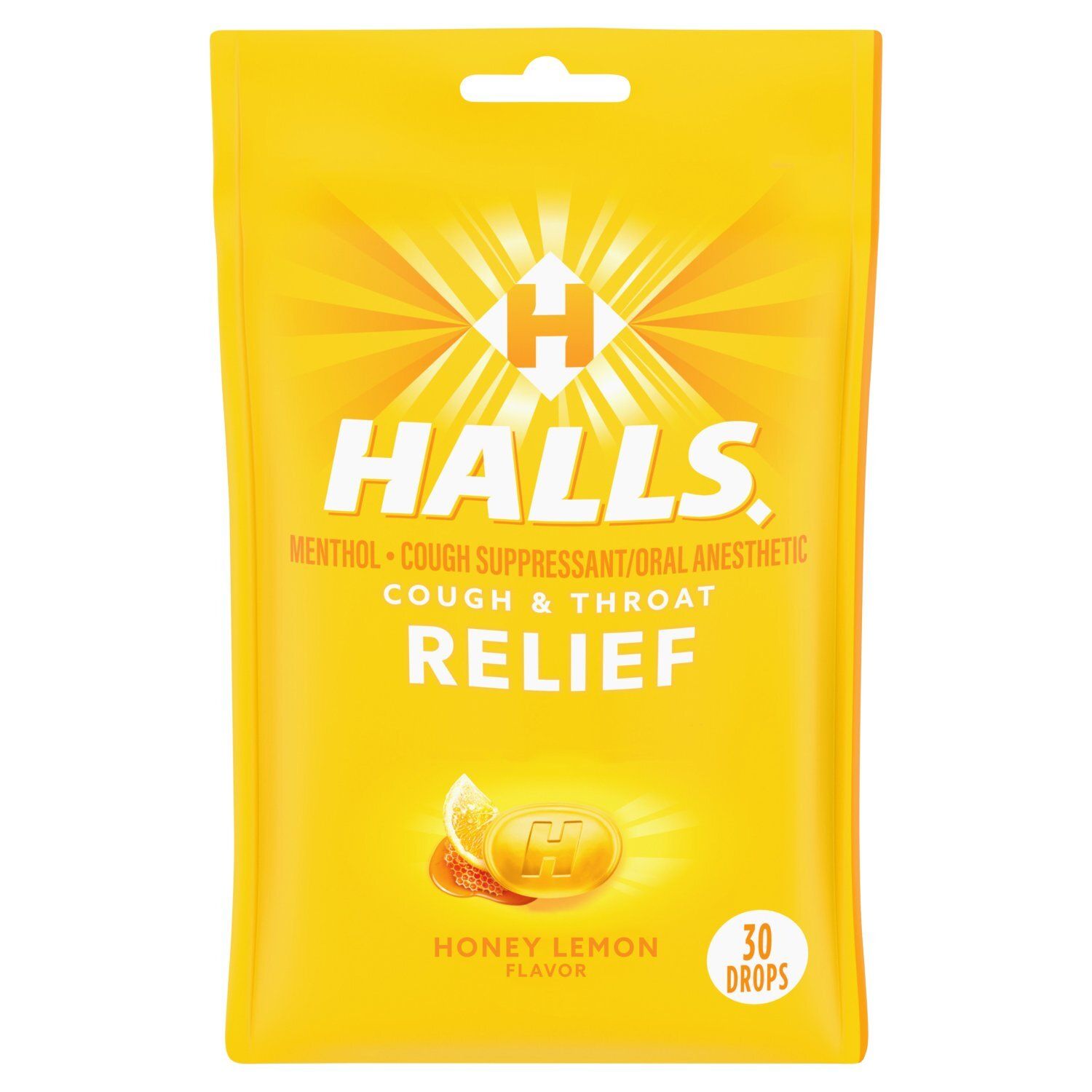 Halls Cough &amp; Throat Relief Honey Lemon Flavor Menthol Drops, 30 count