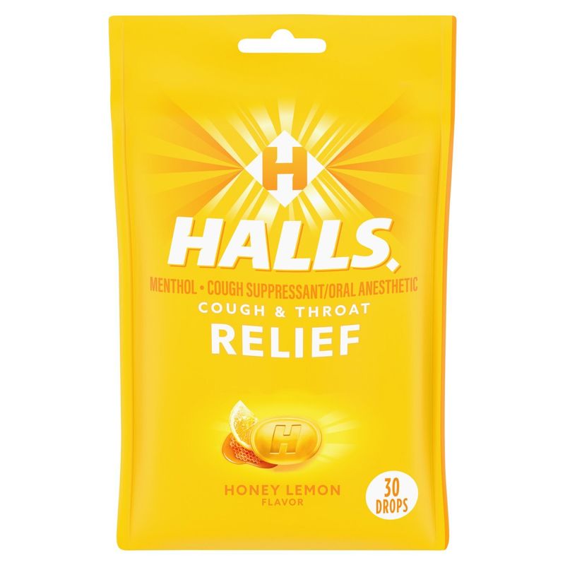 Halls Cough &amp; Throat Relief Honey Lemon Flavor Menthol Drops, 30 count