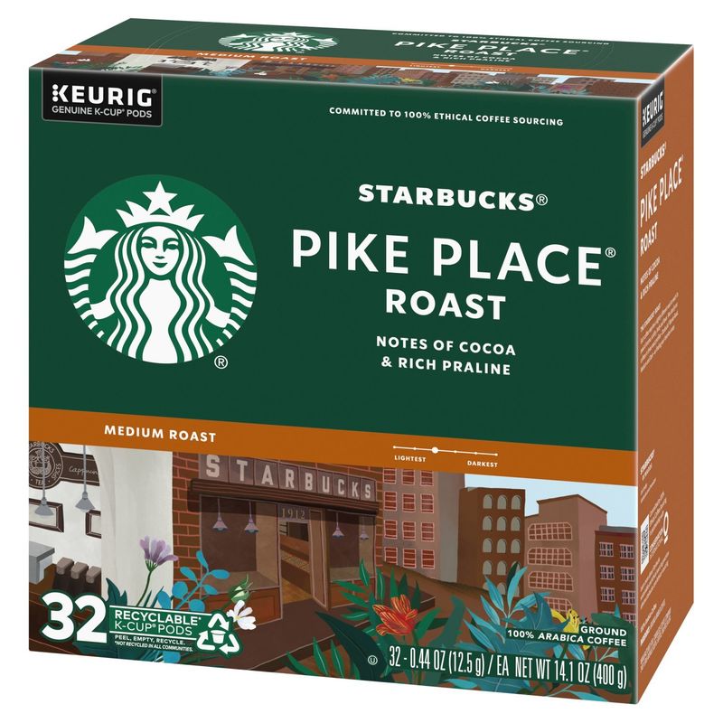 Starbucks Pike Place Medium Roast Ground Coffee K-Cup Pods, 0.44 oz, 32 count