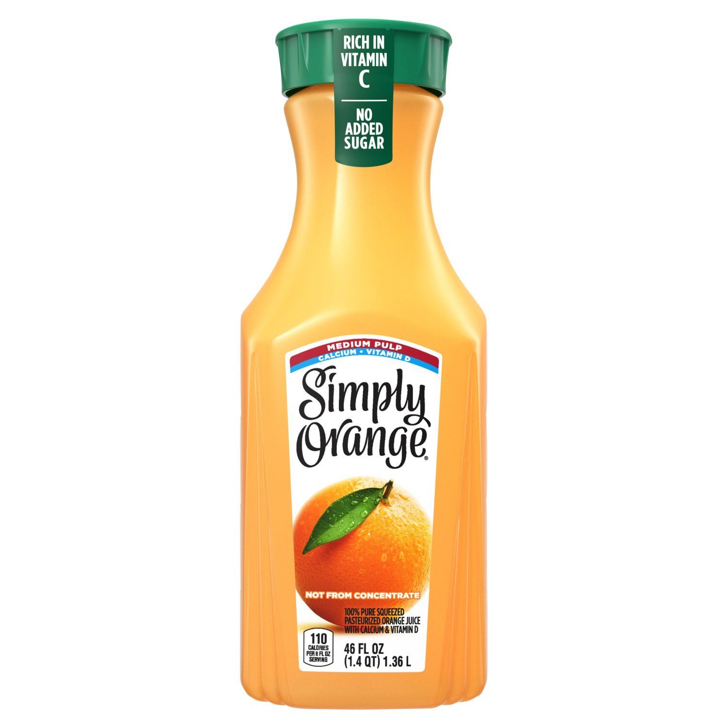 Simply No Added Sugar Medium Pulp Orange Juice, 46 fl oz