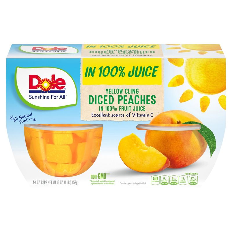 Dole Yellow Cling Diced Peaches in 100% Fruit Juice, 4 oz, 4 count