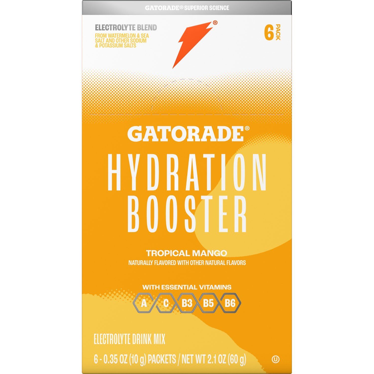 Gatorade Hydration Booster Electrolyte Drink Mix Tropical Mango 0.35 Oz, 6 Count
