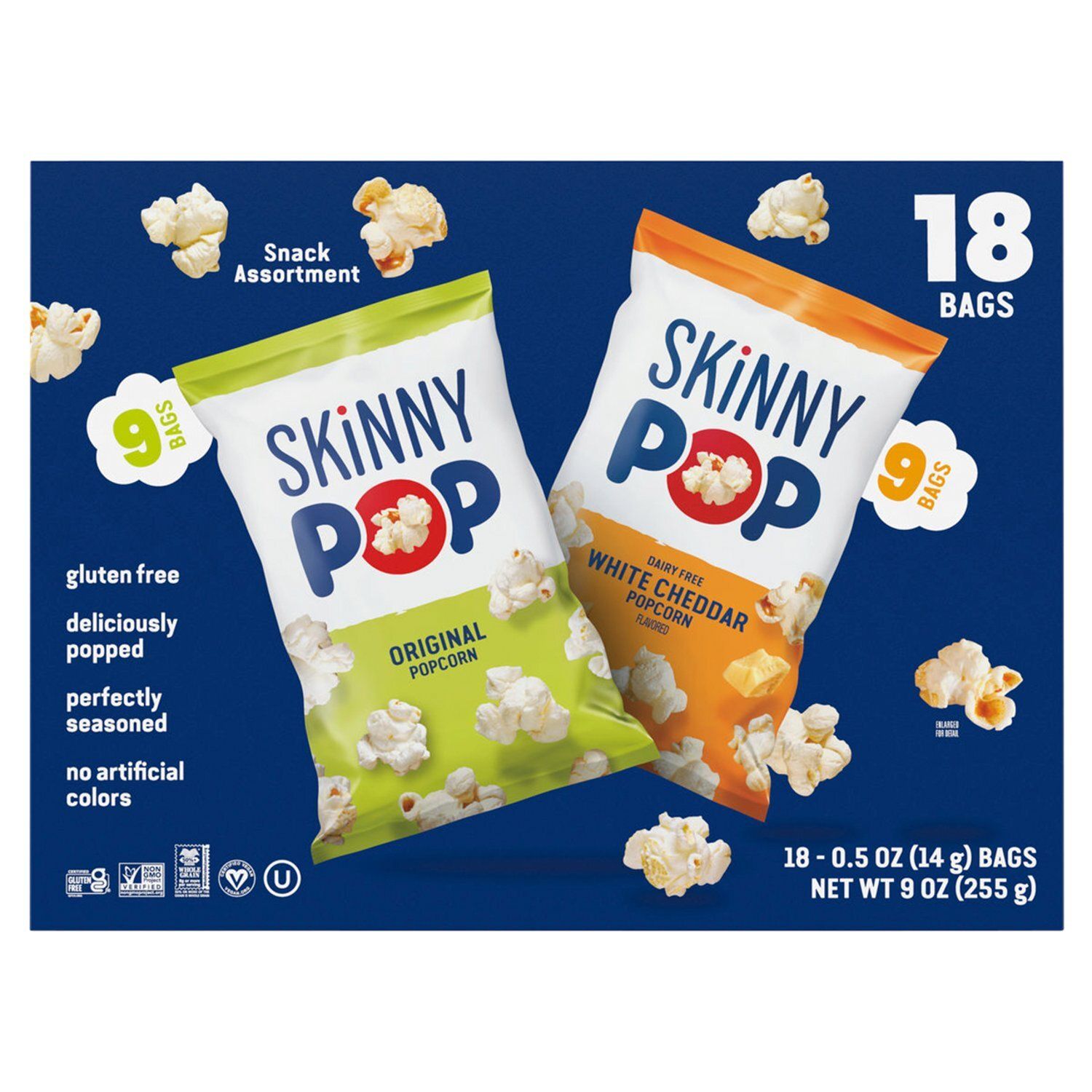 Skinny Pop Original and White Cheddar Popcorn Snack Assortment, 0.5 oz, 18 count