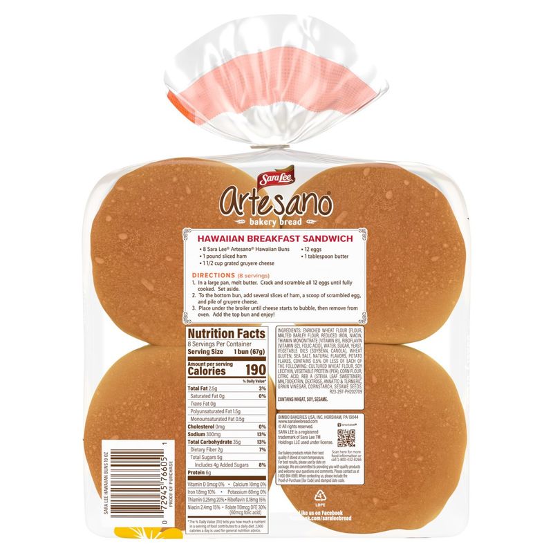 Sara Lee Artesano Hawaiian Bakery Bread Buns, 8 count, 1 lb 3 oz