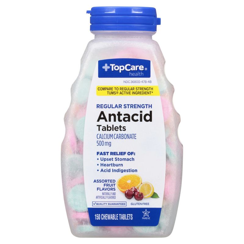 TopCare Regular Strength Assorted Fruit Flavors Antacid Tablets, 500 mg, 150 count