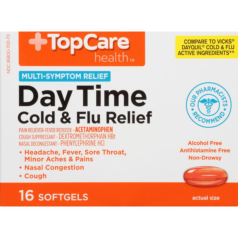 TopCare Day Time Cold &amp; Flu Relief, Alcohol Free, Non-Drowsy, 16 Softgels
