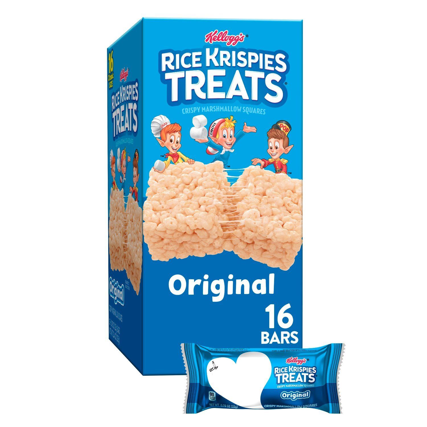 Kellogg's Rice Krispies Treats Original Crispy Marshmallow Squares Classic Size, 0.78 oz, 16 count