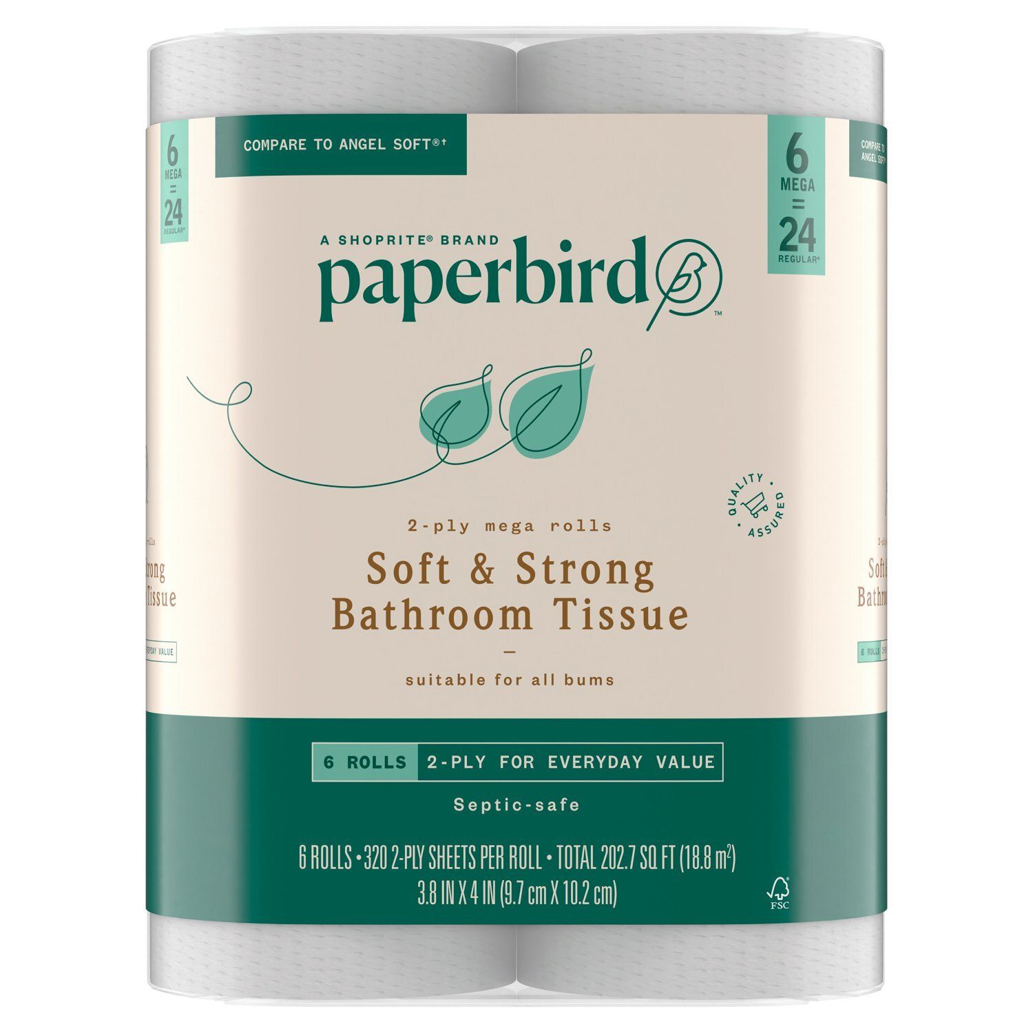 Paperbird Soft &amp; Strong Bathroom Tissue, 320 2-ply sheets per roll, 6 count