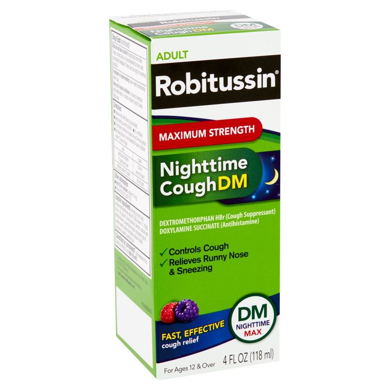 Robitussin Adult Maximum Strength Nighttime Cough DM Liquid, For Ages 12 &amp; Over, 4 fl oz