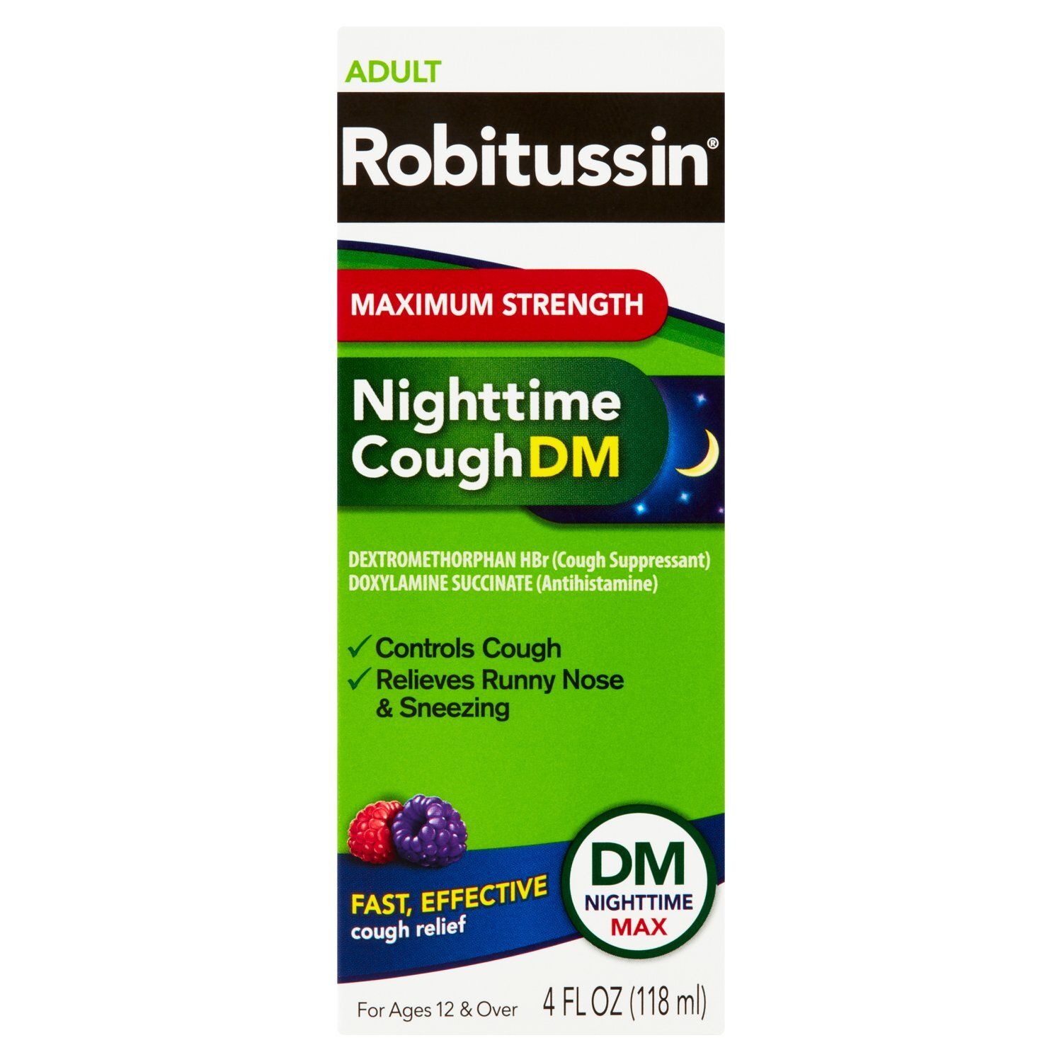 Robitussin Adult Maximum Strength Nighttime Cough DM Liquid, For Ages 12 &amp; Over, 4 fl oz