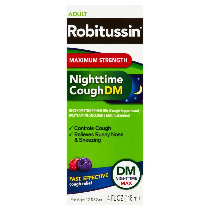 Robitussin Adult Maximum Strength Nighttime Cough DM Liquid, For Ages 12 &amp; Over, 4 fl oz