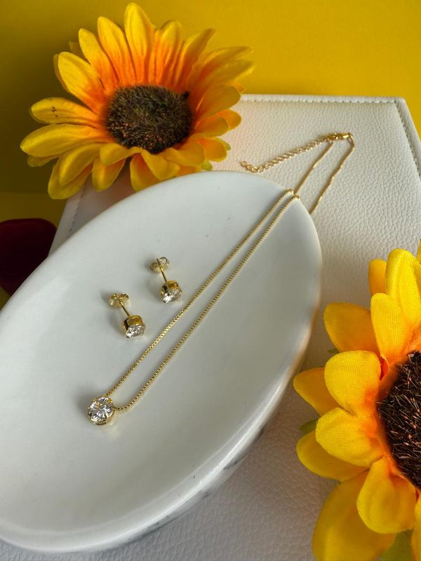 CONJUNTO PONTO DE LUZ BANHADO A OURO 18K, COM ZIRCONIA.