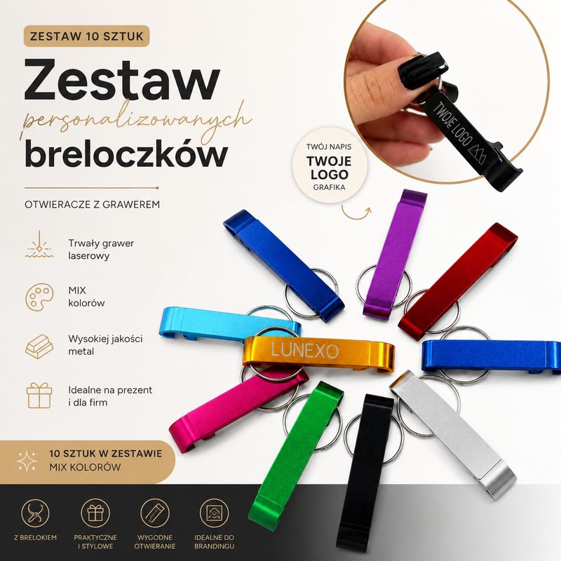 Zestaw 10 personalizowanych metalowych breloczków – otwieraczy MIX kolorów
